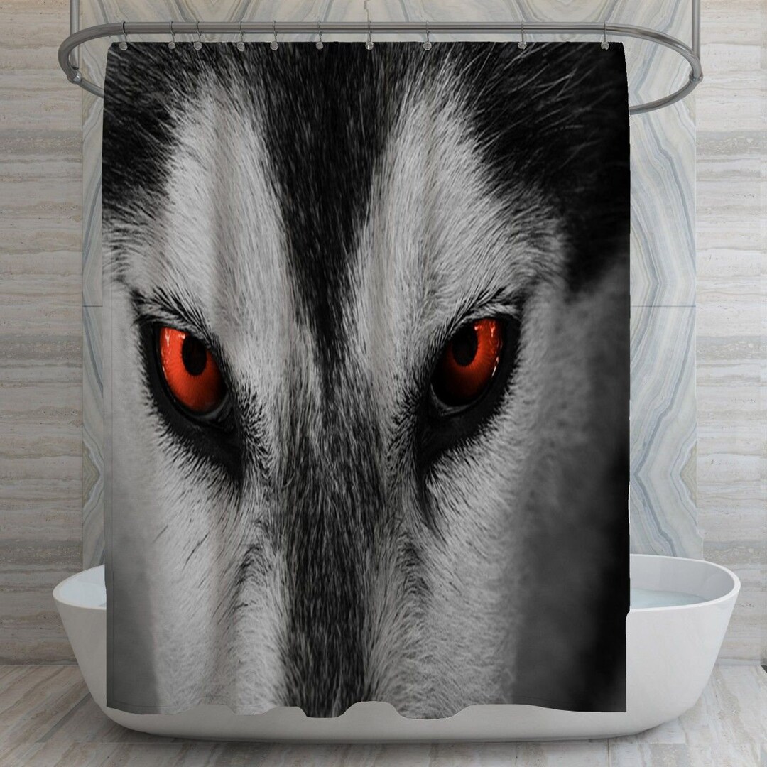 Wolf Shower Curtains, Red Eyed Wolf Grey Shower Curtain, Husky Wolf Mean Eyes Decor, Majestic Bathroom, Photographic Bath Decor