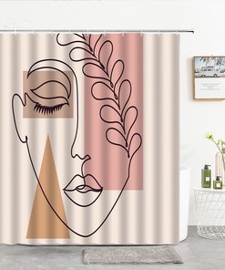 Woman Face Boho Shower Curtain, Beautiful Girl Silhouette Line Drawing Bohemian Leaf Bath Curtain Accessories