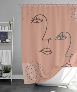 Woman Face Shower Curtain, Minimalist Simple Women Portrait Line Drawing, Pink Fabric Bathroom Curtain