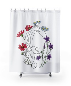 Woman In Flowers Line Art Shower Curtain, Art Deco Bath Curtain, Home Decoration, Lady Face With Red And Purple Flowers Shower Curtain