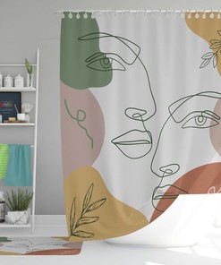 Woman Man Boho Shower Curtain, Bohemian Minimalist Face Portrait Line Drawing Retro Home Bathroom Decor