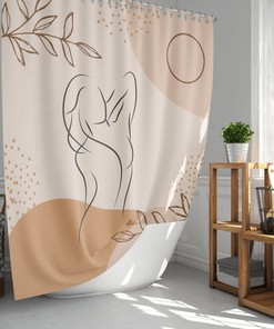 Woman Silhouette Leaves Boho Shower Curtain, Bohemian Female Minimalist Line Drawing, Home Bath Decor