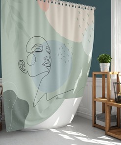 Woman Silhouette Leaves Boho Shower Curtain, Bohemian Female Minimalist Line Drawing, Linen Bathroom Curtain