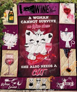 Woman, Wine And Cat Quilt Blanket Bedding Set