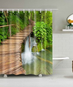 Wooden Bridge By The Creek Shower Curtain, Forest Trail Landscape Fabric Bathroom Curtain, Home Bath Decor Accessories