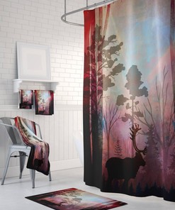 Woodland, Moose Sunset Shower Curtain, Bath Mat, Towels, Forest Abstract