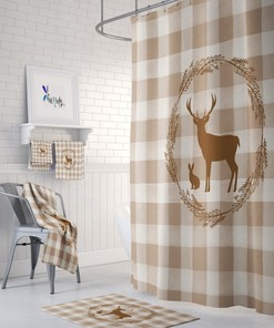 Woodland Plaid Shower Curtain, Optional Bathroom Set, Buffalo Checks With Deer And Rabbit