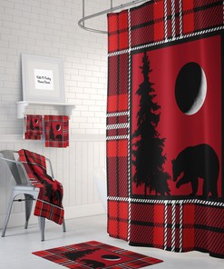Woodland Red Plaid Shower Curtain Optional Bath Mat Bathroom Set, Bear, Tree, Moon