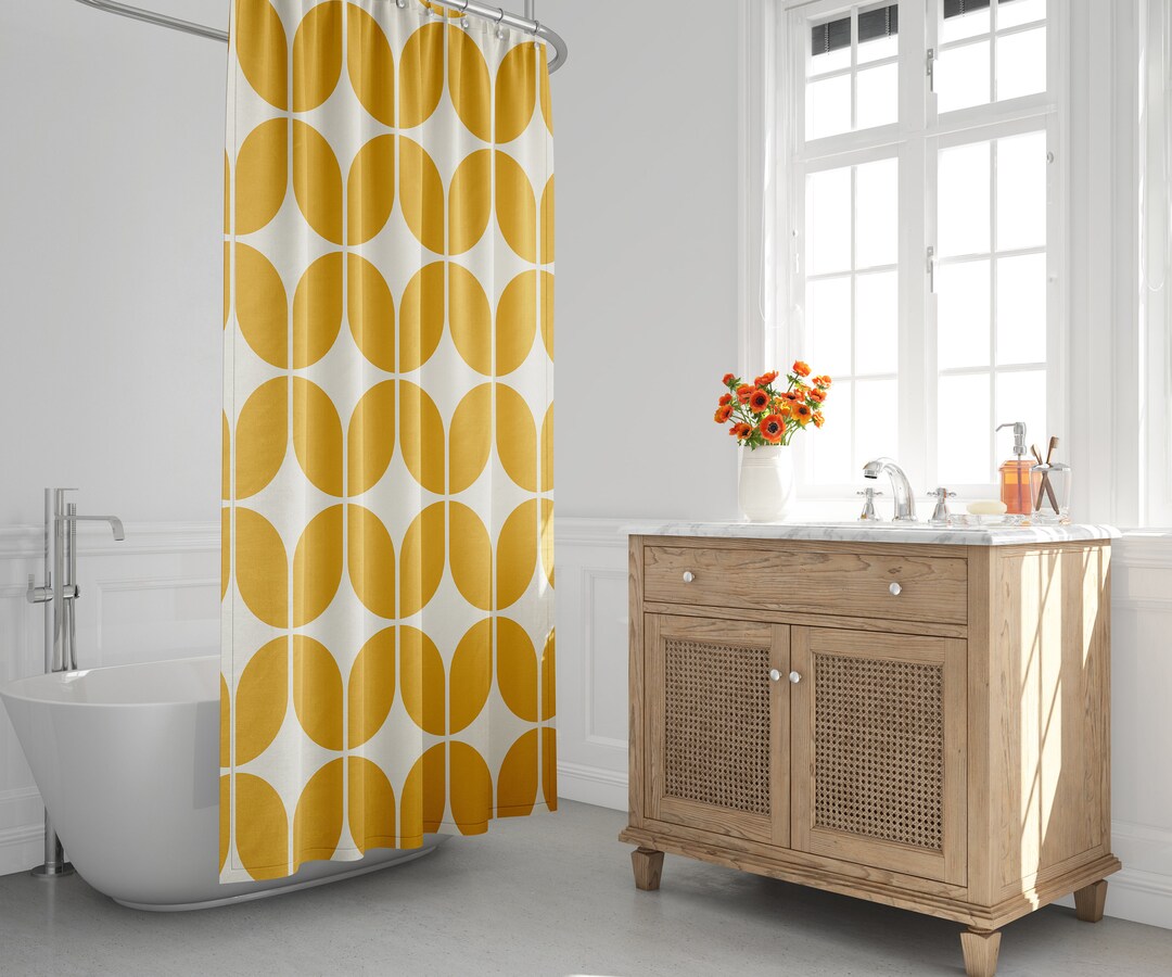 Yellow And Beige Mid-Century Modern Shower Curtain, Retro Bath Curtain, Minimalist, 197, Abstract, Geometric, Contemporary, Bath Decor