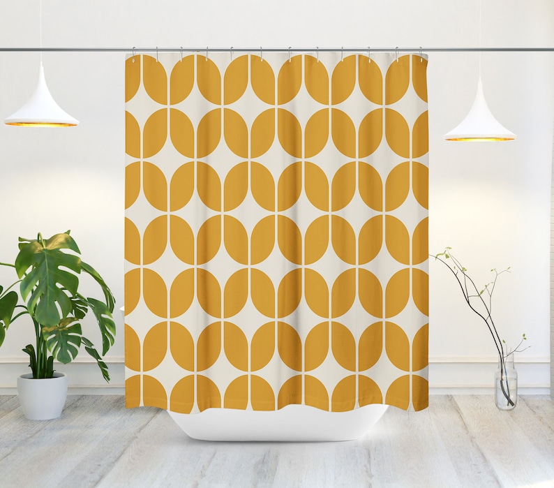 Yellow And Beige Mid-Century Modern Shower Curtain, Retro Bath Curtain, Minimalist, 197, Abstract, Geometric, Contemporary, Bath Decor - Image 2