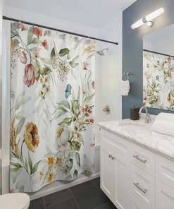 Yellow Floral Shower Curtain, Shower Curtain Farmhouse, Botanical Shower Curtain, Shower Curtain Boho, Shower Curtain with Flowers