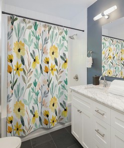 Yellow Floral Shower Curtain, Watercolor Floral Shower Curtain, Cute Shower Curtain, Boho Flowers Shower Curtain, Vintage Shower Curtain