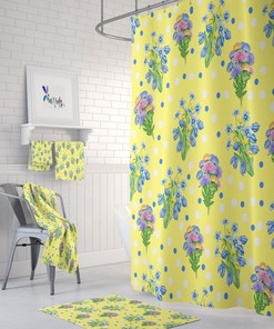 Yellow Floral Shower Curtain and Bath Mat Towel Options