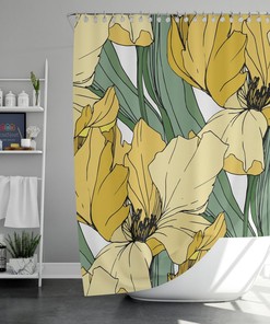 Yellow Iris Shower Curtain, Botanical Floral Green Leaves, House Warming Gift