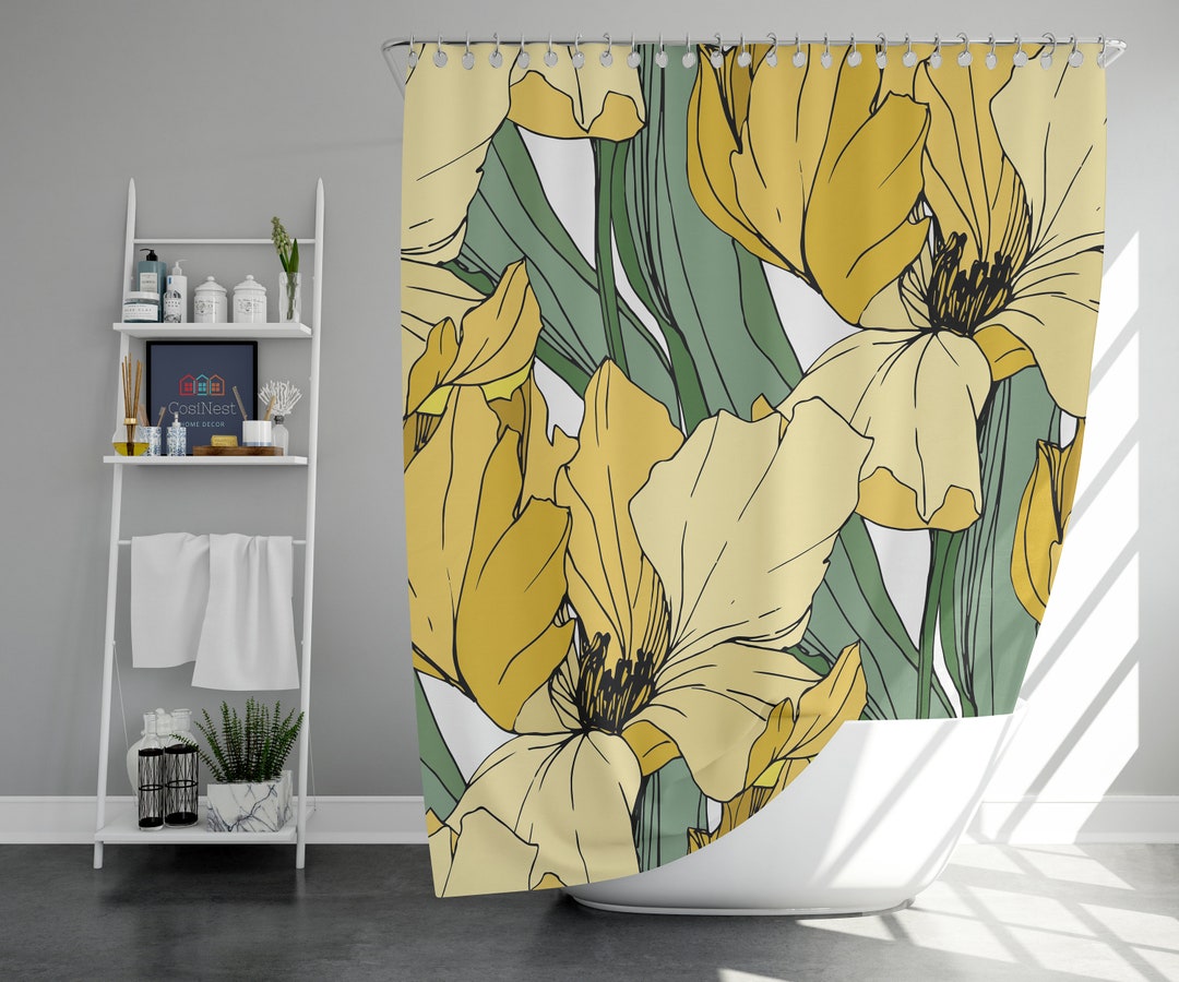 Yellow Iris Shower Curtain, Botanical Floral Green Leaves, House Warming Gift