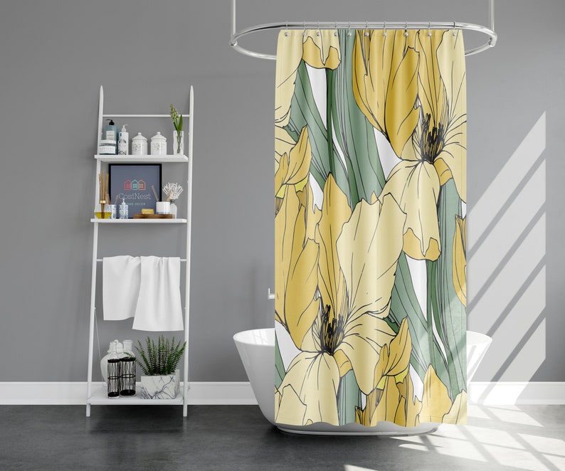 Yellow Iris Shower Curtain, Botanical Floral Green Leaves, House Warming Gift - Image 2