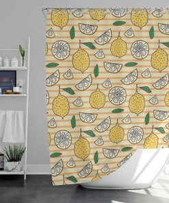 Yellow Lemon Shower Curtain, Summer Lemonade Fruit Green Leaves Bath Decor Accessories, House Warming Gift