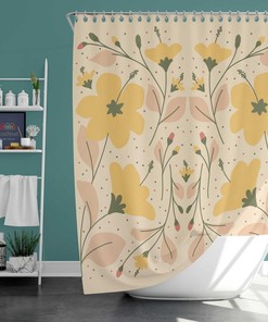Yellow Pink Floral Shower Curtain, Botanical Flowers Leaves, House Warming Gift