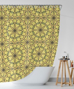 Yellow Shower Curtain, Mandala Tiles Shower Curtain, Oriental Bath Curtain, Shower Decor, Eclectic Bathroom Decorations, Boho New Home Gift