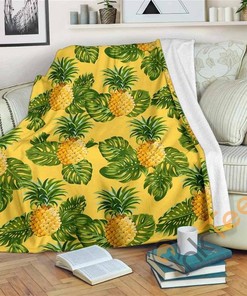 Yellow Tropical Pineapple Pattern Sherpa Fleece Blanket Gifts for Family, for Couple