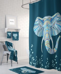 dark Teal Boho Elephant Shower Curtain Optional Bath, Bath Towels Mat Bathroom Set,