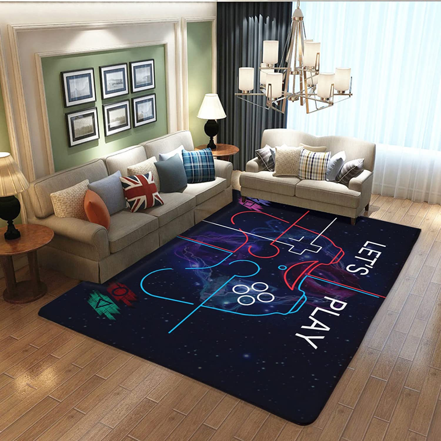 3D Game Rug with Controller Decoration - Non-Slip Carpet for Boy's Bedroom or Playroom - Gaming Area Rug