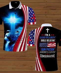 4Th July Lion Cross I'M A God Fearin Bible Believin Gun Packin Polo Shirt