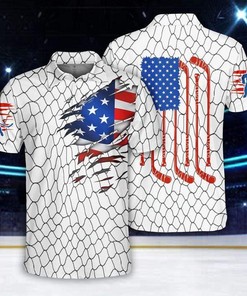 American Flag Hockey Net Pattern White Polo Shirt