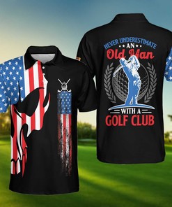 American Flag Skull Never Underestimate An Old Man With Golf Club Polo Shirt