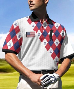 American Flag With Golf Argyle Pattern Polo Shirt