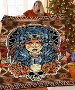 American Native Girl With Wolf Quilt Bedding Set Bedroom Decor, Gifts for Family