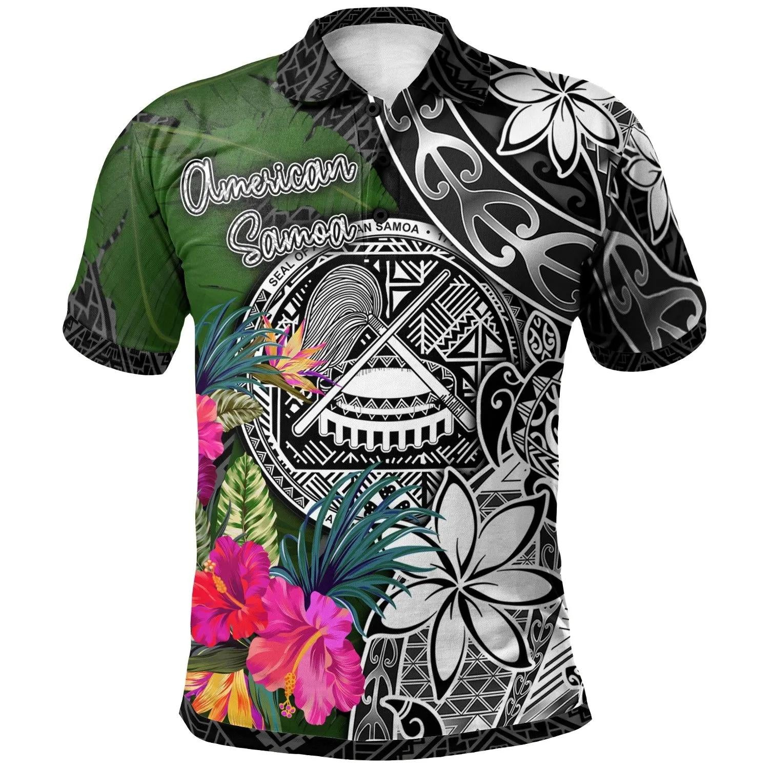 American Samoa Polo Shirt - Turtle Plumeria Banana Leaf