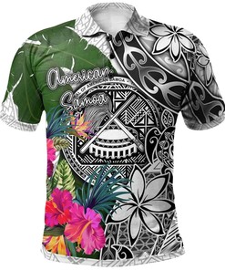 American Samoa Polo Shirt White - Turtle Plumeria Banana Leaf