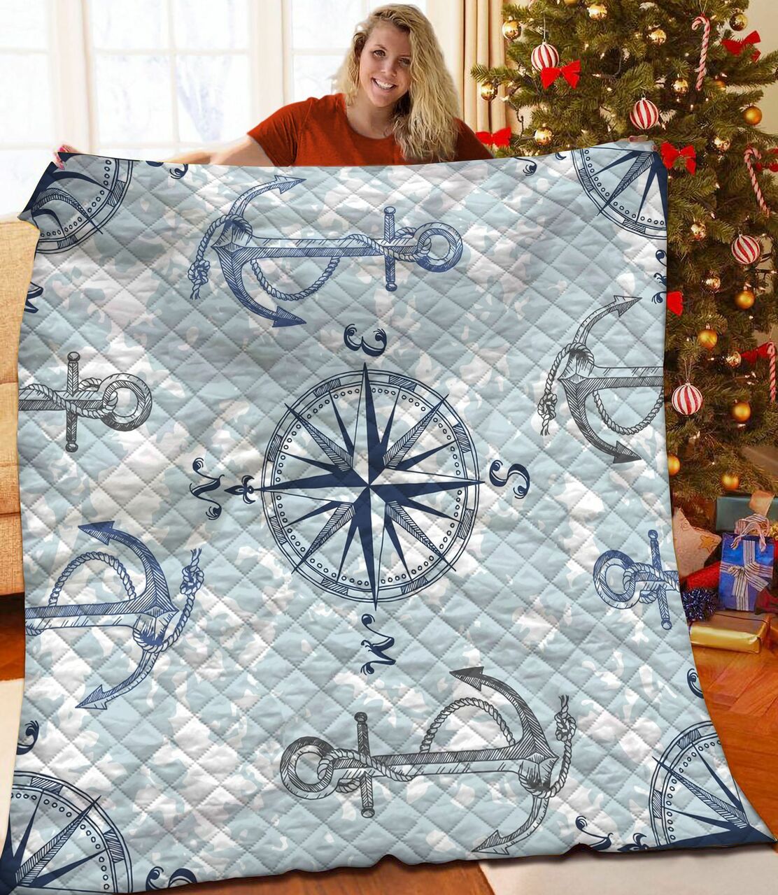 Anchor Compass Rose Quilt Bedding Set Personalized with Name, Suitable for Home Decor and Picnic