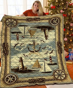 Anchor Sailboat Lighthouse Personalized Quilt Blanket Bedding Set, Great for Home Decoration and Family Gifts