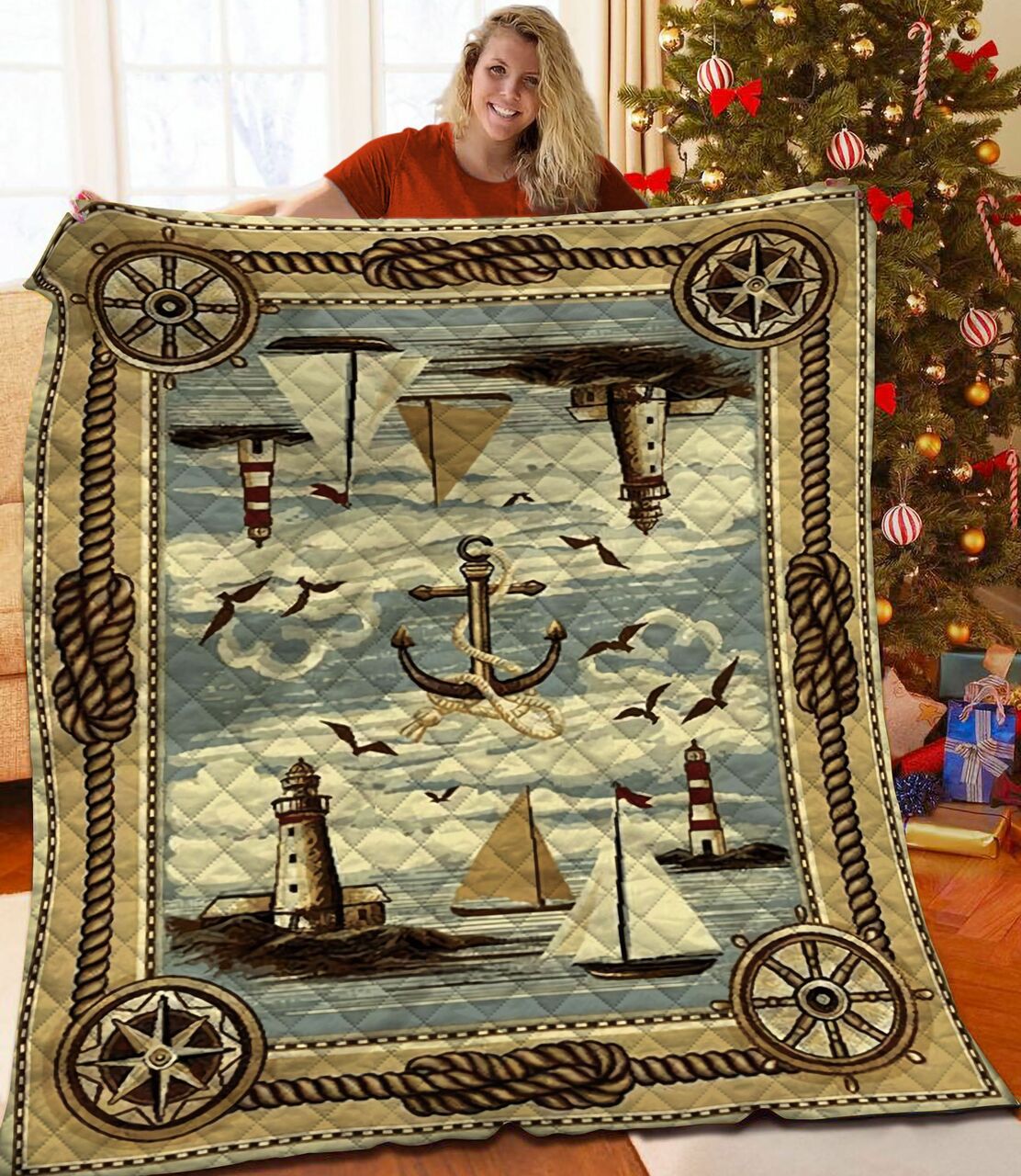 Anchor Sailboat Lighthouse Personalized Quilt Blanket Bedding Set, Great for Home Decoration and Family Gifts