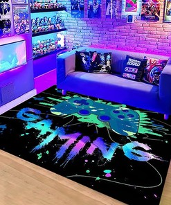 Anime Gamer Rug for Boys Teens Bedroom with Gamepad Design, Non-Slip Crystal Floor Carpet,