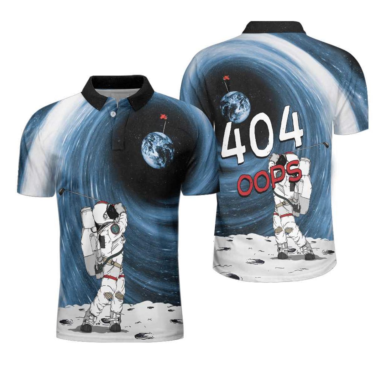 Astronaut Golfing Outer Space Black Hole 404 Oops Golf Polo 3D All Over Printed Unisex Shirts