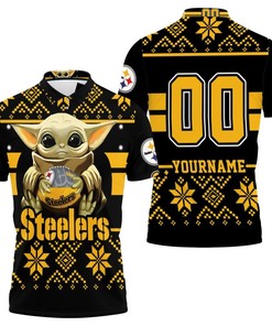 Baby Yoda Hugs Pittsburgh Steelers Ugly Sweater 3D 1 Personalized Polo Shirt All-Over Print