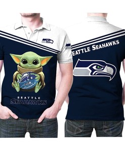Baby Yoda Hugs Seattle Seahawks Ball Logo 3D Printed Gift For Seattle Seahawks Fan Polo Shirt