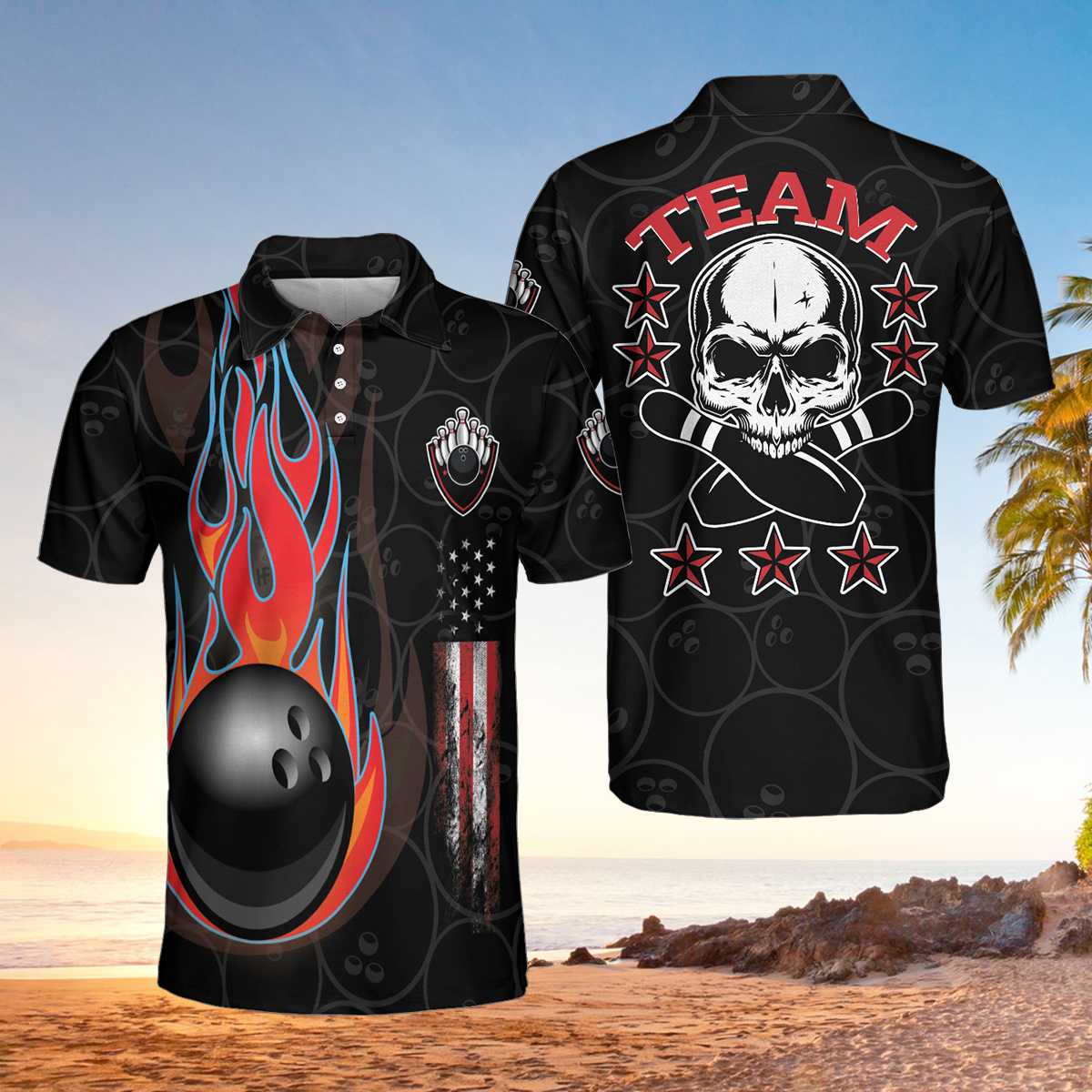 Black Bowling And Skull Polo Shirt #H