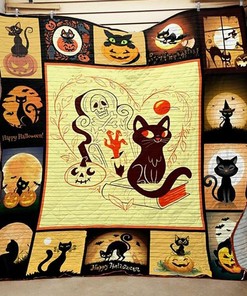 Black Cat Halloween Quilt Bedding Set Personalized with Name, Suitable for Home Decor and Picnic