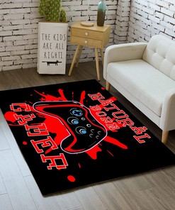 Black Gamer Area Rug for Bedroom Living Room with Red Gamepad Design, Non-Slip Game Carpet for Adults