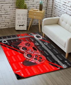 Black Gamer Rug for Bedroom with 3D Printed Red Game Gamepad Design, Non-Slip Polyester Doormat