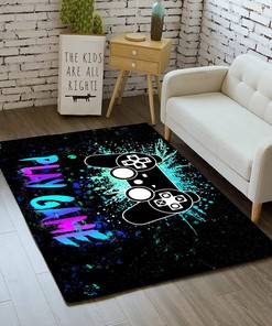 Black Gamer Rug with Game Controller and Video Player Design for Game Room and Bedroom