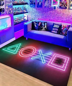 Black Red Game Area Rug for Boys Room - Gamepad Controller Design, Non-Slip Crystal Floor Polyester Mat