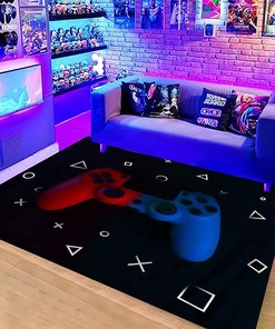 Black Velvet Carpet for Home Decor - Non-Slip Gamer Rugs with Game Controller Design for Living and Playrooms