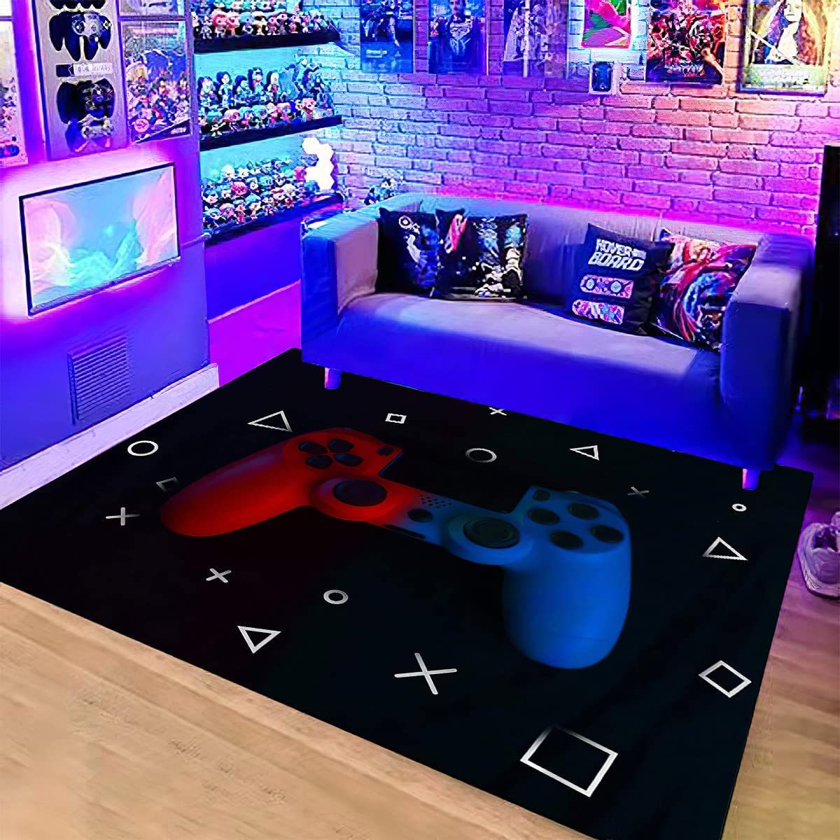 Black Velvet Carpet for Home Decor - Non-Slip Gamer Rugs with Game Controller Design for Living and Playrooms