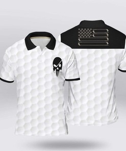 Black & White American Flag Golf Skull Polo Shirt