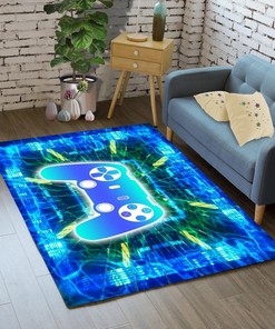 Blue Gamer Rug for Bedroom, Boys Gaming Rug with Video Game Controller Player, Boys Room Decor